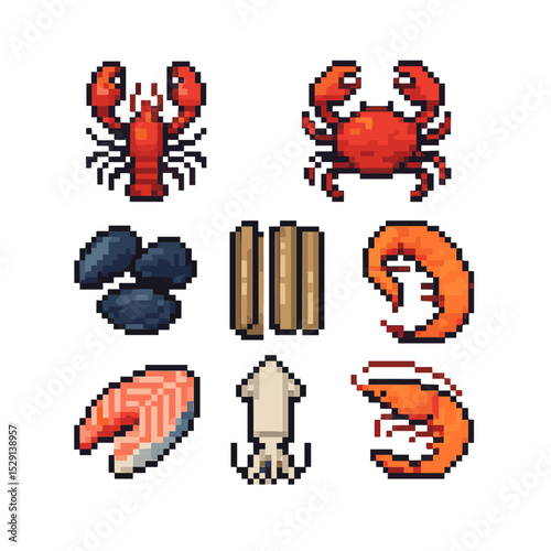 Seafood Market Icons. Pixel art icon set of seafood market ingredients: live lobster, king crab, jumbo shrimp, blue mussels, razor