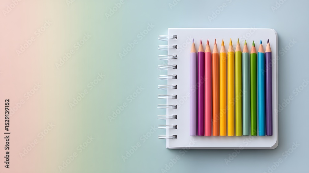 Fototapeta premium Colorful Pencils on White Spiral Notebook: Artistic Inspiration and Creative Stationery