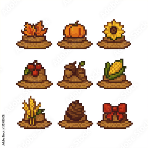 Seasonal Scarecrow Hat Icons. Pixel art icon set of seasonal scarecrow hat decorations: autumn leaves, miniature pumpkin,
