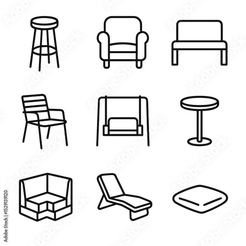 Seating Icon Grid. Outline icon set of seating arrangements: bar stool, armchair, bench, patio chair, swing seat, high table,
