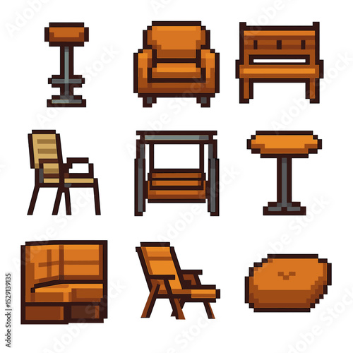 Seating Icon Grid. Pixel art icon set of seating arrangements: bar stool, armchair, bench, patio chair, swing seat, high table,