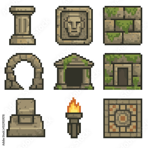 Secret Temple Icons. Pixel art icon set of secret temple architecture: stone pillar, carved relief, moss-covered wall, broken arch