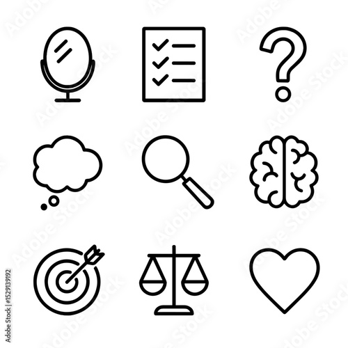 Self-Assessment Icon Set. Outline icon set of self-assessment: mirror, checklist, question mark, thought bubble, magnifying glass,