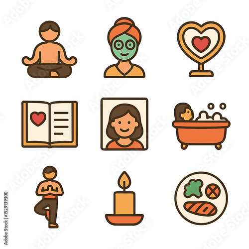 Self-Love Icon Collection. Flat icon set of self-love: meditation, spa mask, heart mirror, journal, self portrait, bubble bath,