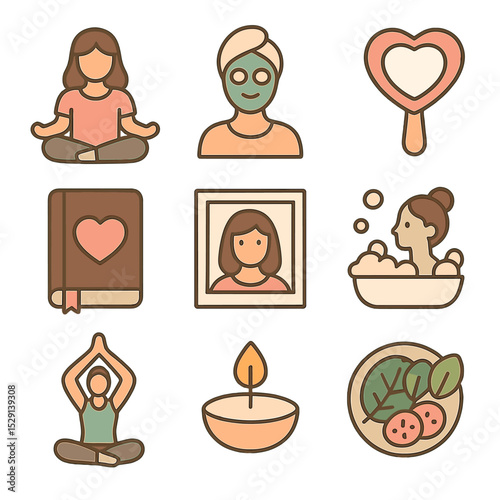 Self-Love Icon Collection. Flat icon set of self-love: meditation, spa mask, heart mirror, journal, self portrait, bubble bath,