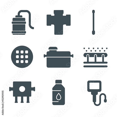 Septic System Icons. Flat icon set of septic system maintenance: septic pump, inspection tee, sludge judge, riser cover, dosing