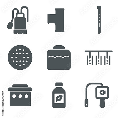 Septic System Icons. Flat icon set of septic system maintenance: septic pump, inspection tee, sludge judge, riser cover, dosing