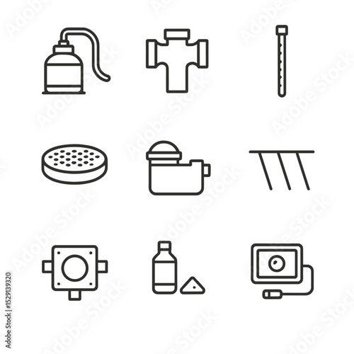 Septic System Icons. Outline icon set of septic system maintenance: septic pump, inspection tee, sludge judge, riser cover, dosing