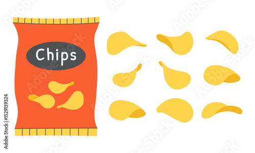 Potato chips packaging and individual chips. Vector illustration.