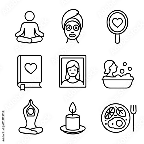 Self-Love Icon Set. Outline icon set of self-love: meditation, spa mask, heart mirror, journal, self portrait, bubble bath, yoga