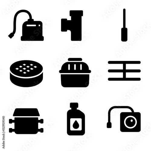Septic System Icons. Solid, Filled icon set of septic system maintenance: septic pump, inspection tee, sludge judge, riser cover,