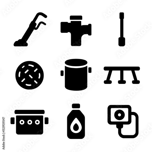 Septic System Icons. Solid, Filled icon set of septic system maintenance: septic pump, inspection tee, sludge judge, riser cover,