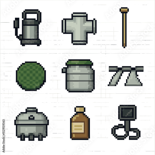 Septic System Icon Set. Pixel art icon set of septic system maintenance: septic pump, inspection tee, sludge judge, riser cover,