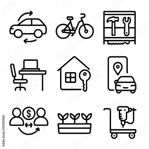 Sharing Economy Icons. Outline icon set of sharing economy: car share vehicle, bike share station, tool library shelf, coworking