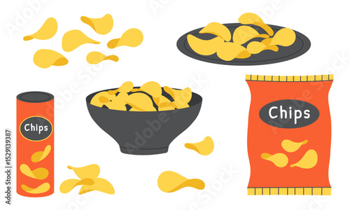 Set of potato chips in a package, bowl, plate and separately. Fast food. Vector illustration.