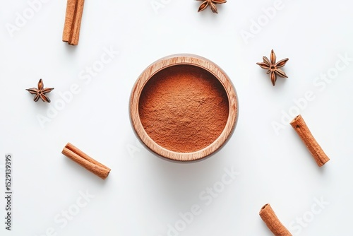 Wooden bowl of cinnamon powder, surrounded by cinnamon sticks and star anise on white background