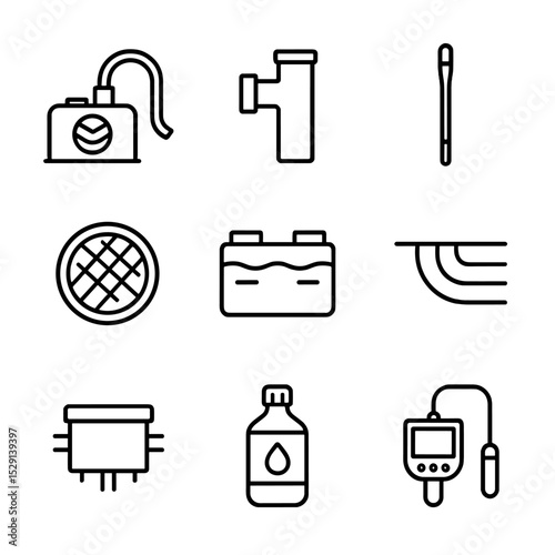 Septic System Icons. Outline icon set of septic system maintenance: septic pump, inspection tee, sludge judge, riser cover, dosing