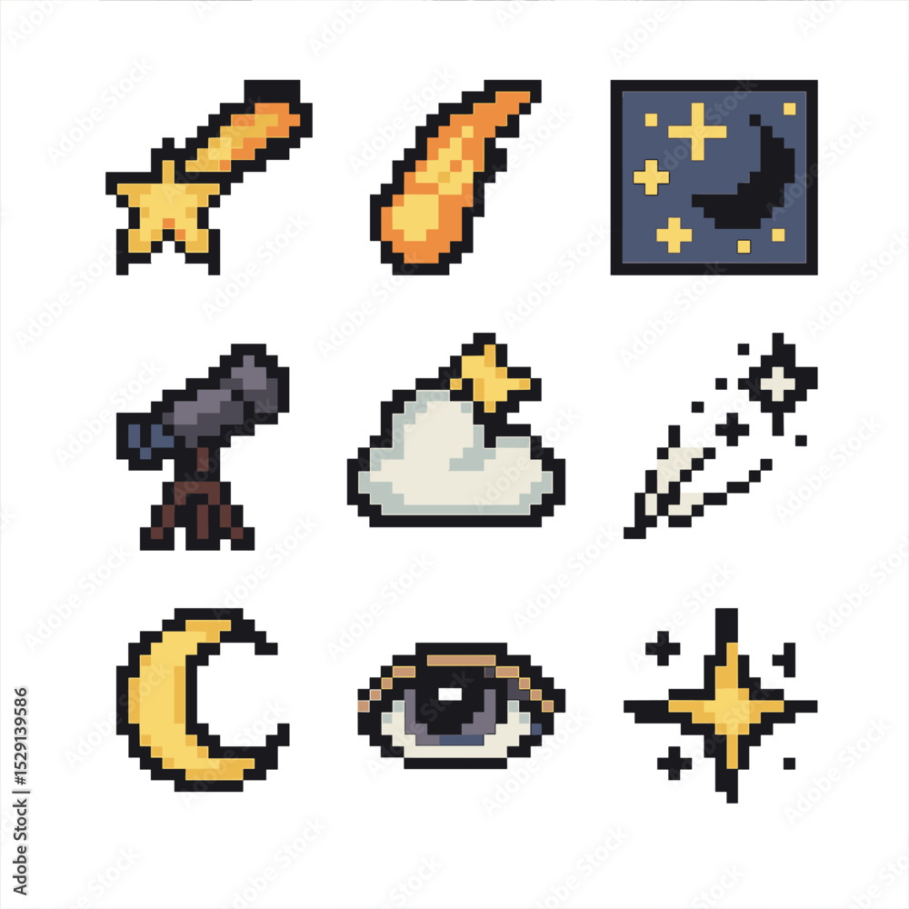 Fototapeta premium Shooting Star Icons. Pixel art icon set of shooting star wishes: shooting star, comet tail, night sky, telescope, wish cloud,