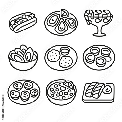 Shellfish Dishes Icons. Outline icon set of shellfish dishes: lobster roll, oysters, shrimp cocktail, mussels, crab cakes,