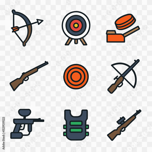 Shooting Sports Icons. Flat icon set of shooting sports: bow and arrow, target bullseye, skeet launcher, air rifle, clay pigeon,