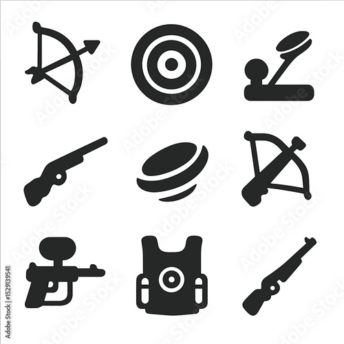 Shooting Sports Icons. Solid, Filled icon set of shooting sports: bow and arrow, target bullseye, skeet launcher, air rifle, clay