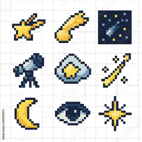 Shooting Star Icons. Pixel art icon set of shooting star wishes: shooting star, comet tail, night sky, telescope, wish cloud,