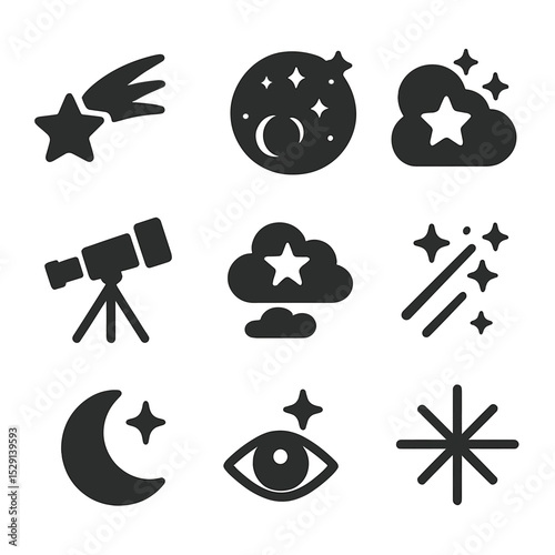 Shooting Star Icons. Solid, Filled icon set of shooting star wishes: shooting star, comet tail, night sky, telescope, wish cloud,