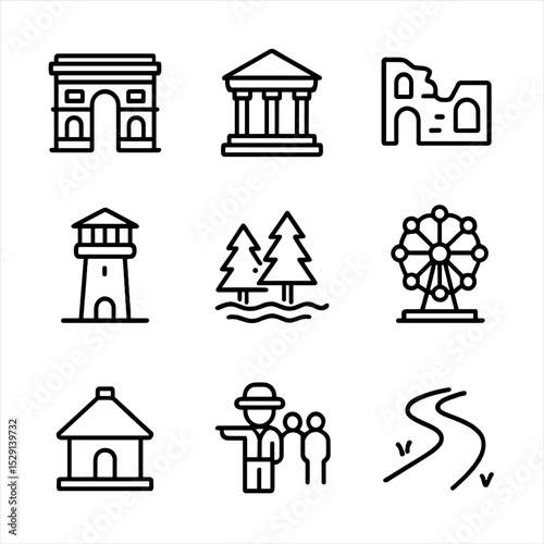 Sightseeing Icon Grid. Outline icon set of sightseeing attractions: landmark monument, museum, historic ruins, viewpoint, nature