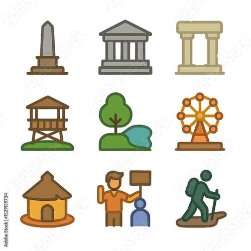 Sightseeing Icons Grid. Flat icon set of sightseeing attractions: landmark monument, museum, historic ruins, viewpoint, nature