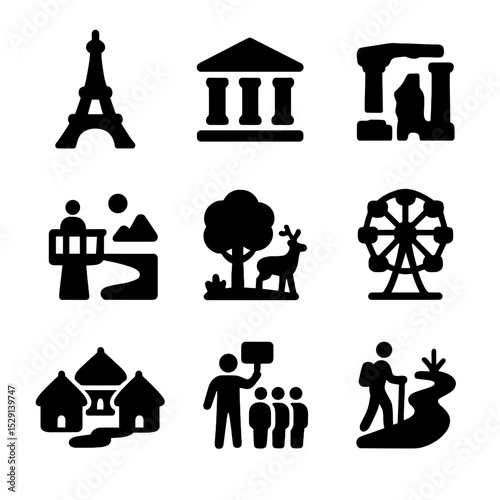 Sightseeing Icon Set. Solid, Filled icon set of sightseeing attractions: landmark monument, museum, historic ruins, viewpoint,