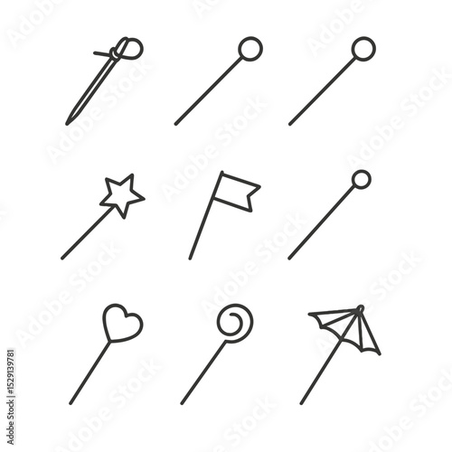 Skewer Icon Collection. Outline icon set of skewers & picks: bamboo skewer, cocktail pick, metal stirrer, decorative toothpick,