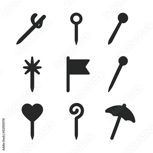 Skewer and Pick Icons. Solid, Filled icon set of skewers & picks: bamboo skewer, cocktail pick, metal stirrer, decorative