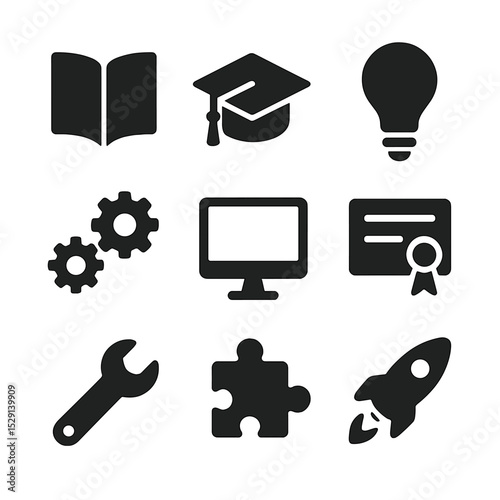 Skill Acquisition Icons. Flat icon set of skill acquisition: book, graduation cap, light bulb, gears, computer, certificate,