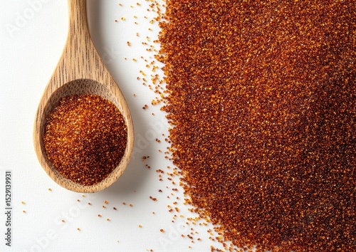 Wooden spoon holds a pile of reddish-brown spice granules, spilling onto a white surface