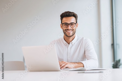 A handsome man in a shirt and glasses is sitting at a white table with a laptop, smiling while working on a digital marketing project in a modern office room with copy space. photo