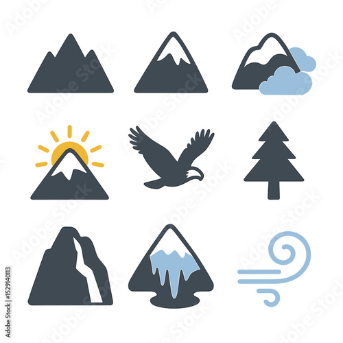 Snowy Mountain Icon Set. Flat icon set of snowy mountain peak: mountain silhouette, snowcap, clouds, sunrise, eagle, pine tree,