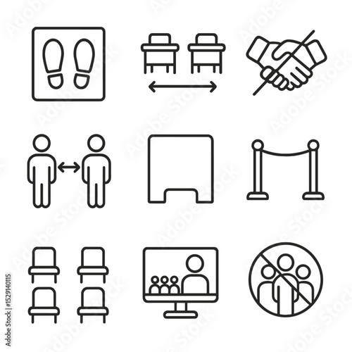 Social Distancing Icons. Outline icon set of social distancing measures: floor markers, spaced desks, no handshake icon, two-meter