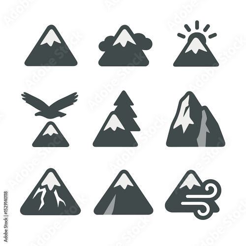 Snowy Mountain Icon Set. Flat icon set of snowy mountain peak: mountain silhouette, snowcap, clouds, sunrise, eagle, pine tree,
