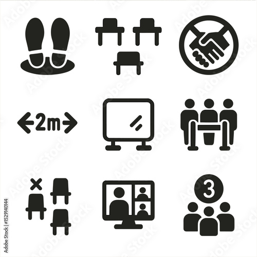 Social Distancing Icons. Flat icon set of social distancing measures: floor markers, spaced desks, no handshake icon, two-meter