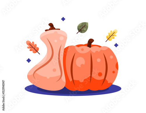 illustration of two pumpkins with fallen leaves. pumpkin fruit, harvest and autumn. flat style design. fall design elements or assets, thanksgiving