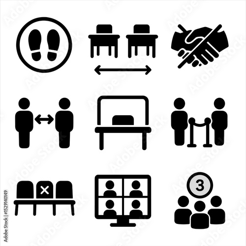 Social Distancing Icons. Flat icon set of social distancing measures: floor markers, spaced desks, no handshake icon, two-meter