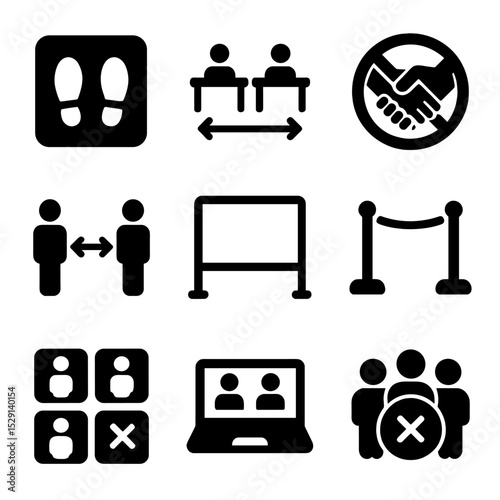 Social Distancing Icons. Solid, Filled icon set of social distancing measures: floor markers, spaced desks, no handshake icon, two