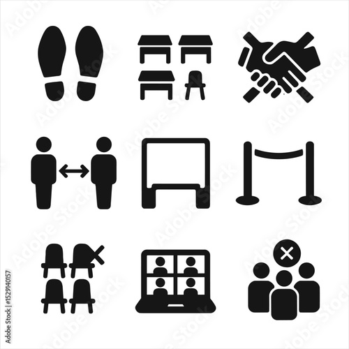 Social Distancing Icons. Solid, Filled icon set of social distancing measures: floor markers, spaced desks, no handshake icon, two