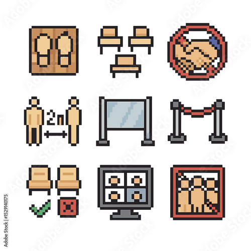 Social Distancing Icons. Pixel art icon set of social distancing measures: floor markers, spaced desks, no handshake icon,