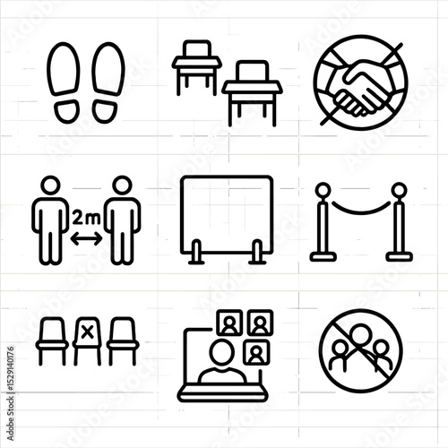 Social Distancing Icons. Outline icon set of social distancing measures: floor markers, spaced desks, no handshake icon, two-meter