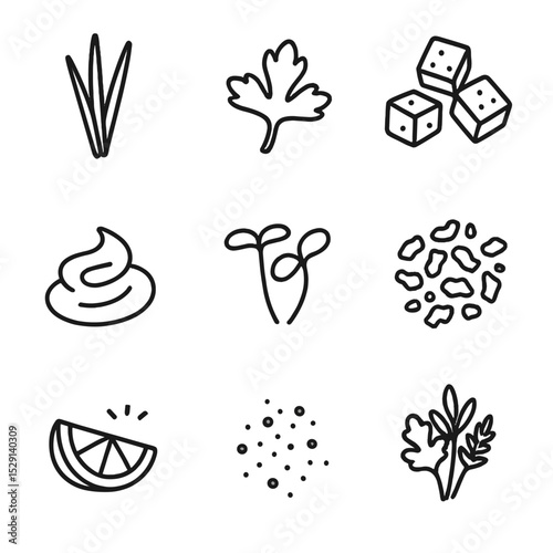 Soup Garnish Icons. Outline icon set of soup garnishes: chives, parsley sprig, croutons, cream swirl, microgreens, crumbled bacon,