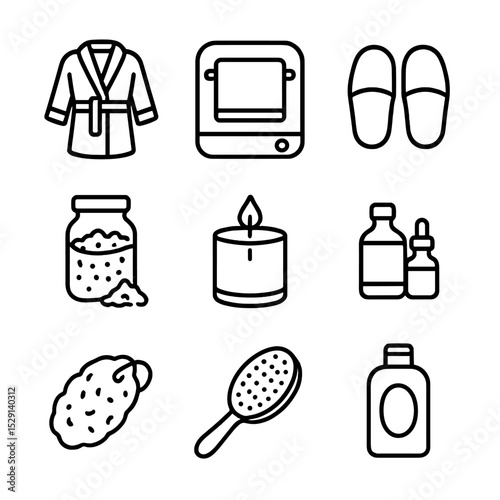 Spa Essentials Icons. Outline icon set of spa essentials: bathrobe, towel warmer, slippers, bath salts, scented candle, essential