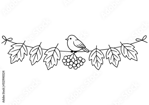 Black and white autumn garland with rowan berries and sparrow. Perfect for engraving, logos, prints, books, and seasonal designs