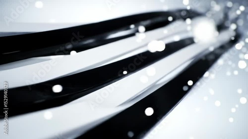 Glossy black and white ribbons with drifting particles, abstract high-tech animation