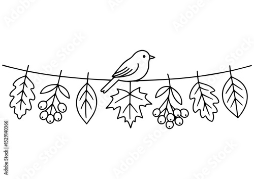 Black and white autumn garland with rowan berries and sparrow. Perfect for engraving, logos, prints, books, and seasonal designs